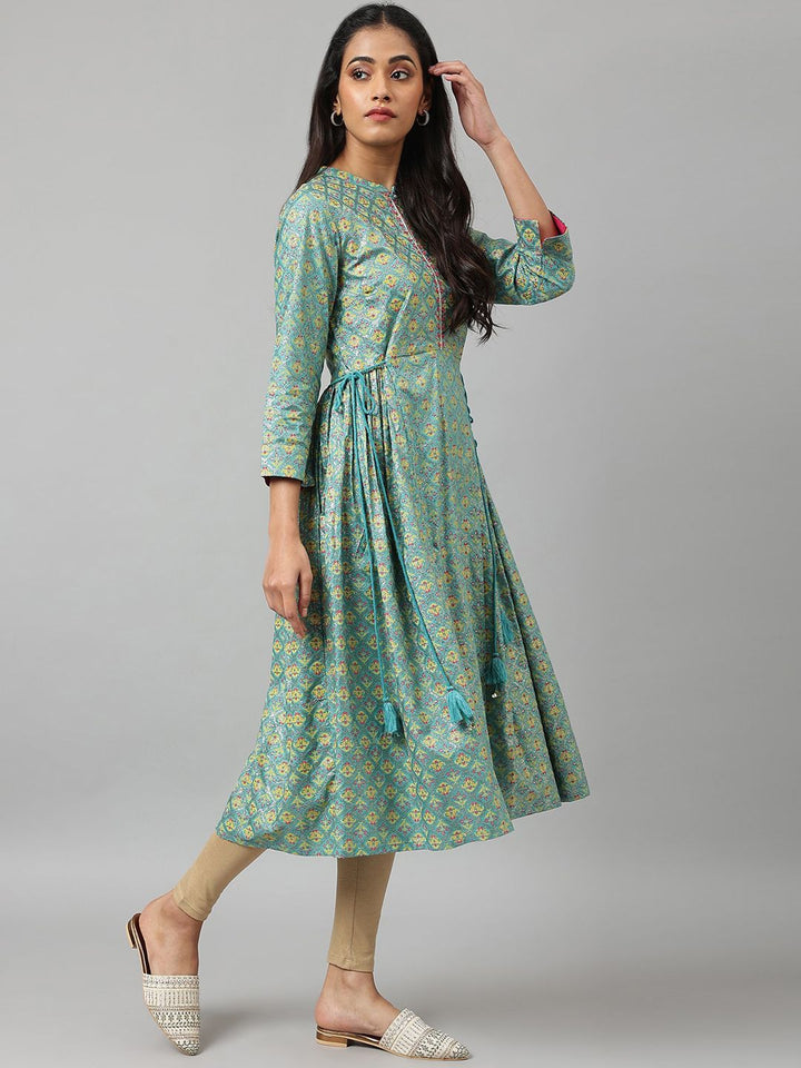 W Women Blue & Yellow Ethnic Motifs Printed Anarkali Kurta