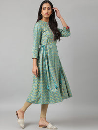 W Women Blue & Yellow Ethnic Motifs Printed Anarkali Kurta