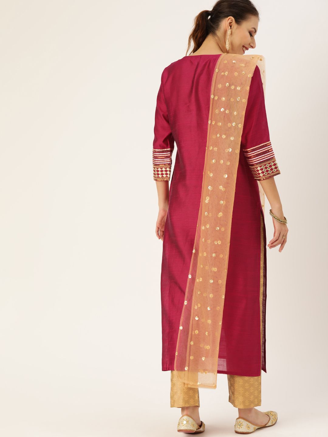 Varanga Women Magenta Pink & Gold-Coloured Embroidered Kurta with Trousers & Dupatta