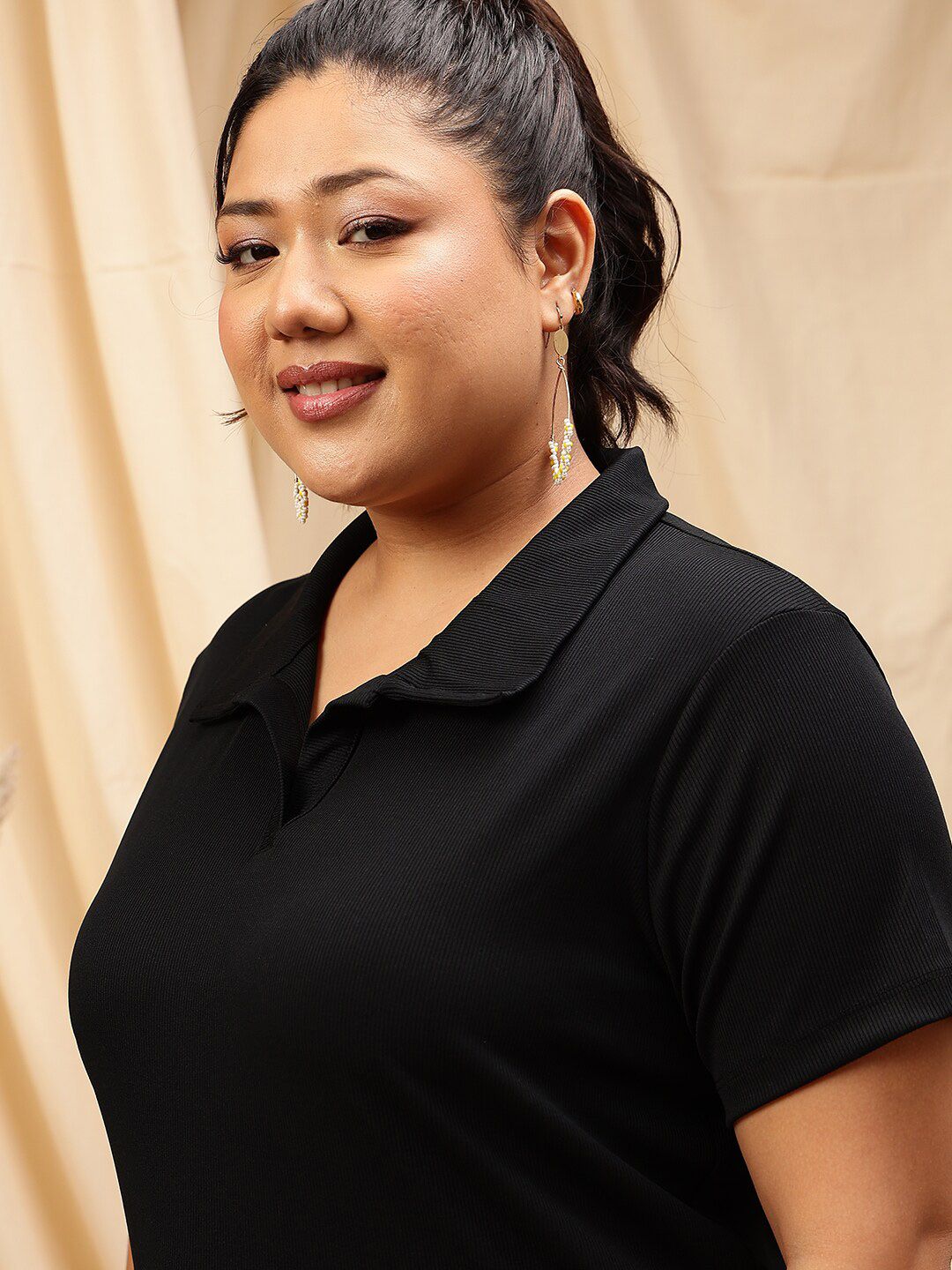 CURVY STREET Plus Size Striped Opaque Knitted Shirt