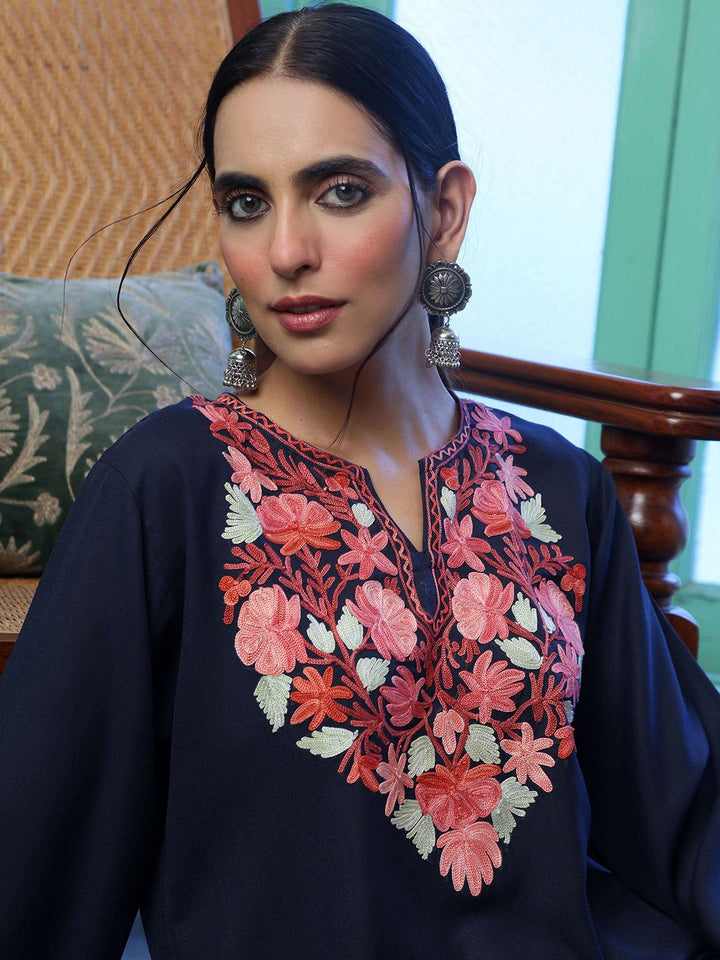 House of Chikankari Women Navy Blue Cotton Aari Embroidered Kurta