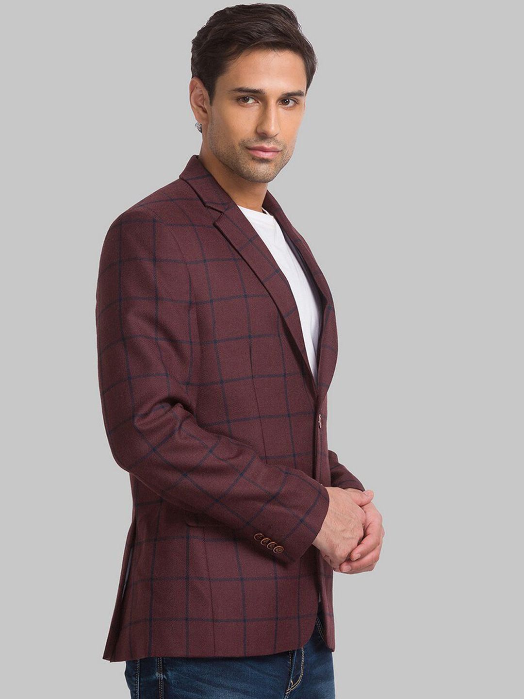 Park Avenue Men Maroon Checked Single Breasted Formal Blazer