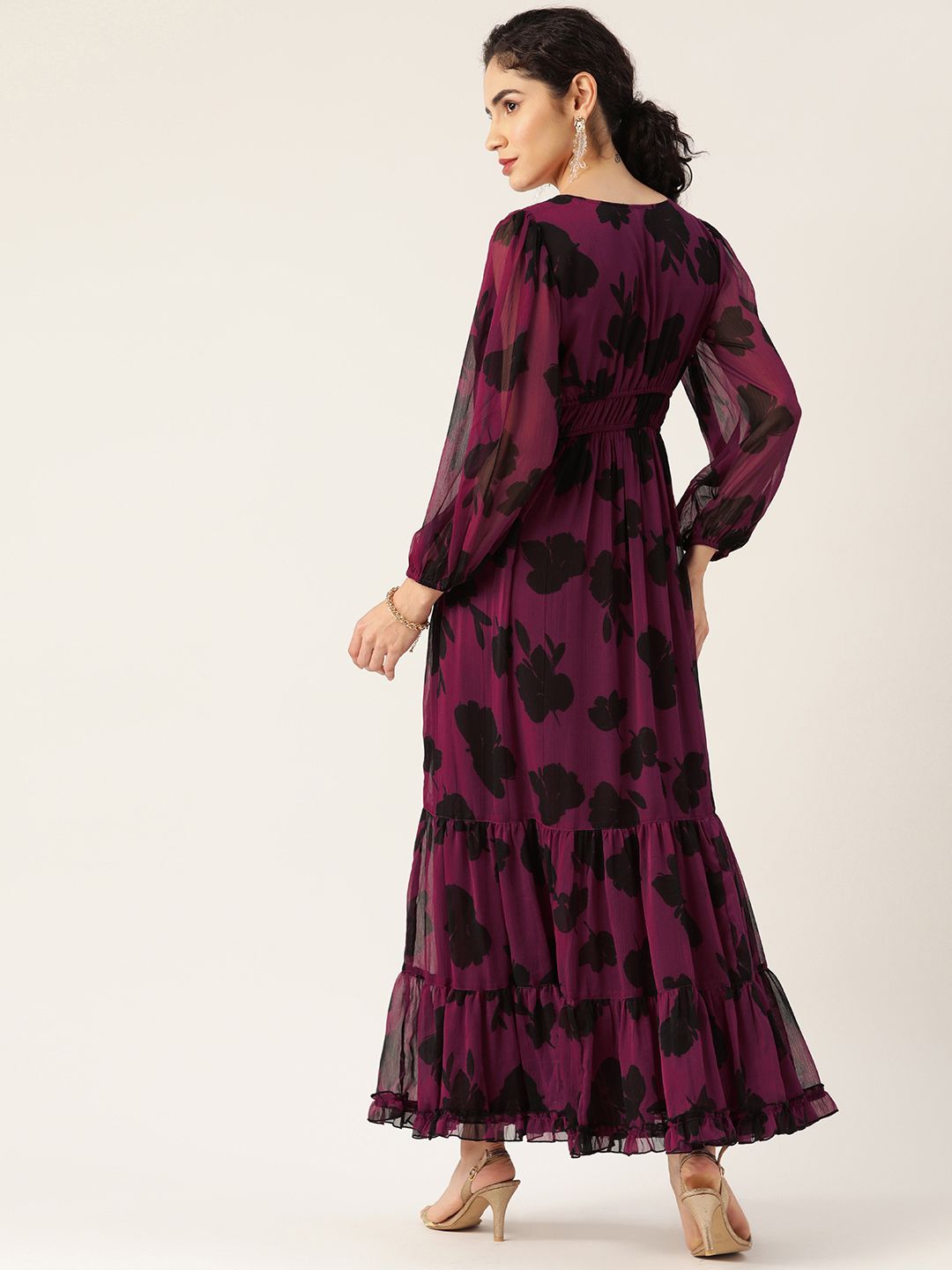 Antheaa Purple & Black Printed Tiered Maxi Dress