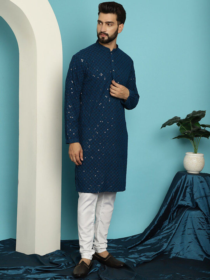 SOJANYA Ethnic Motifs Embroidered Sequined Pure Cotton Kurta with Churidar