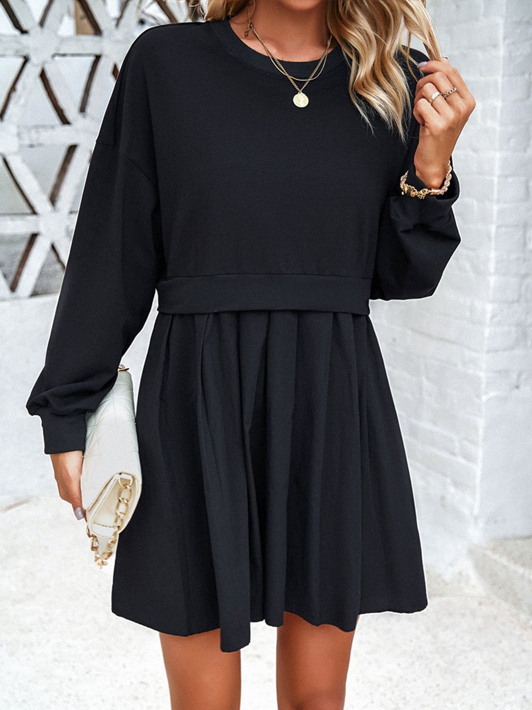 all about you Round Neck Cuffed Sleeves Pleated Cotton Fit & Flare Dress