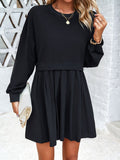 all about you Round Neck Cuffed Sleeves Pleated Cotton Fit & Flare Dress