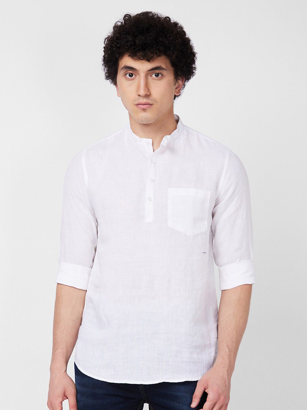 SPYKAR Mandarin Collar Long Sleeves Casual Linen Shirt