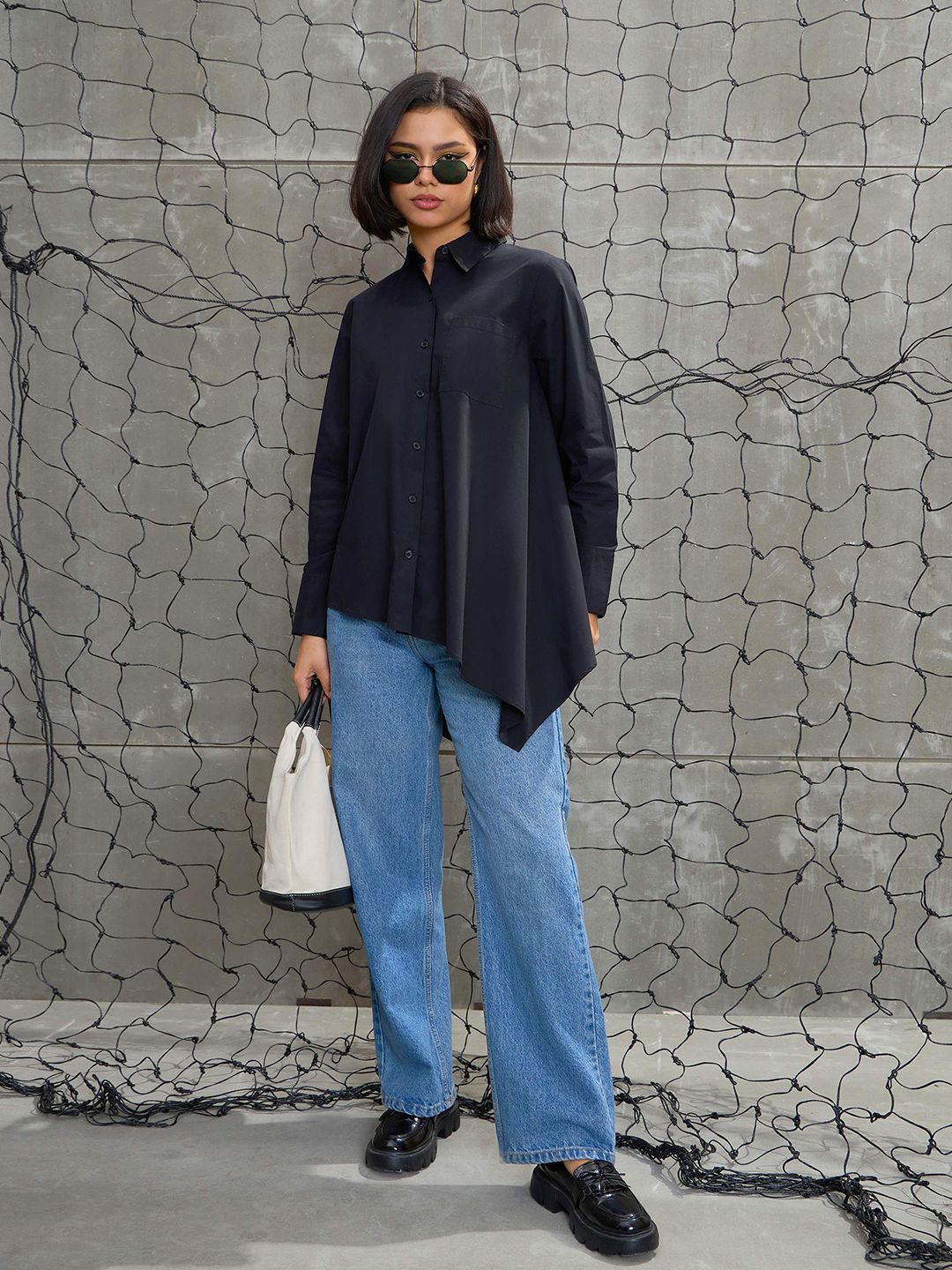 SASSAFRAS Women Relaxed Oversized Fit Spread Collar Solid Cotton Casual Shirt