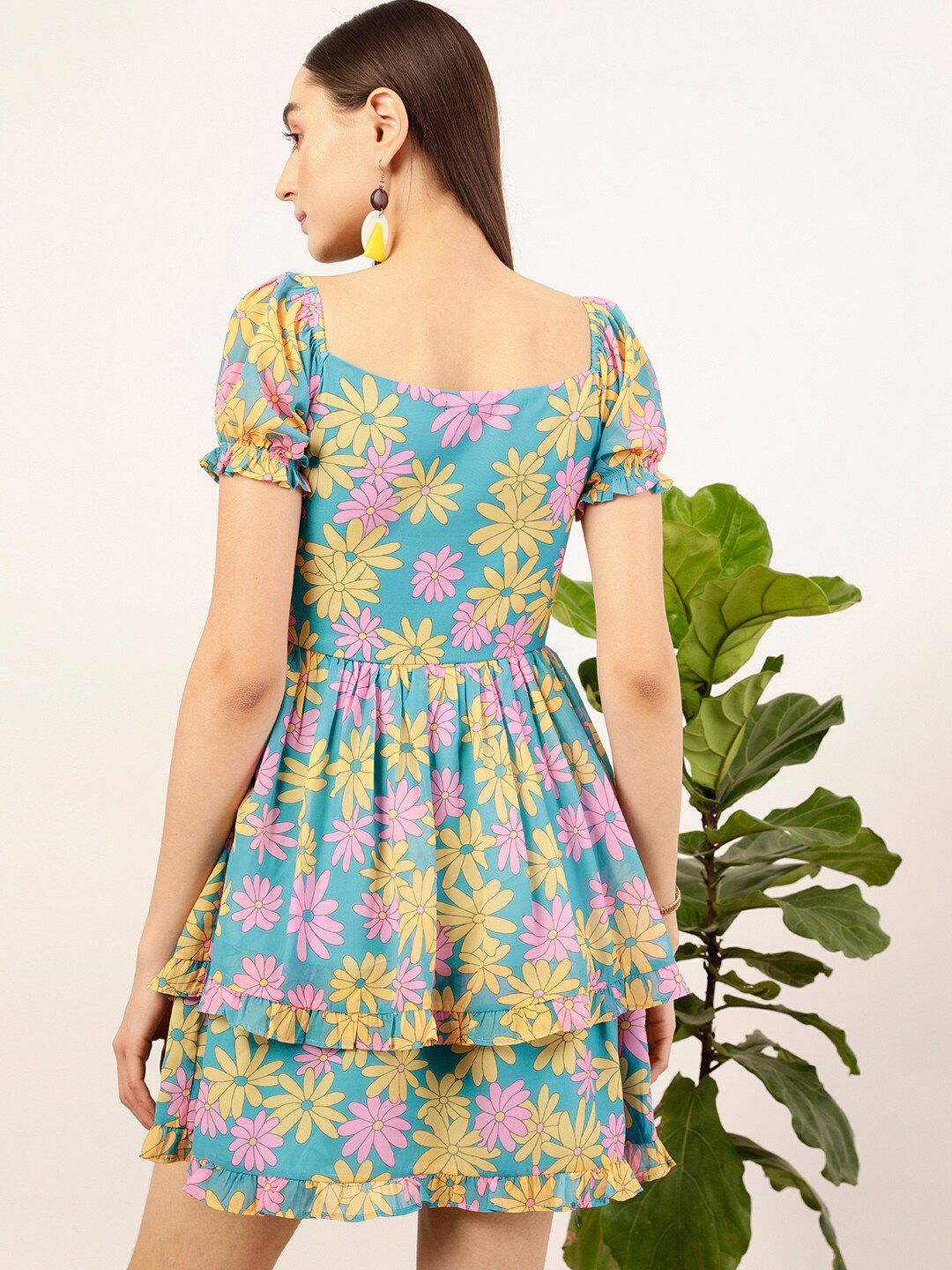STREET 9 Blue & Mustard Floral Printed Sweetheart Georgette Fit & Flare Dress