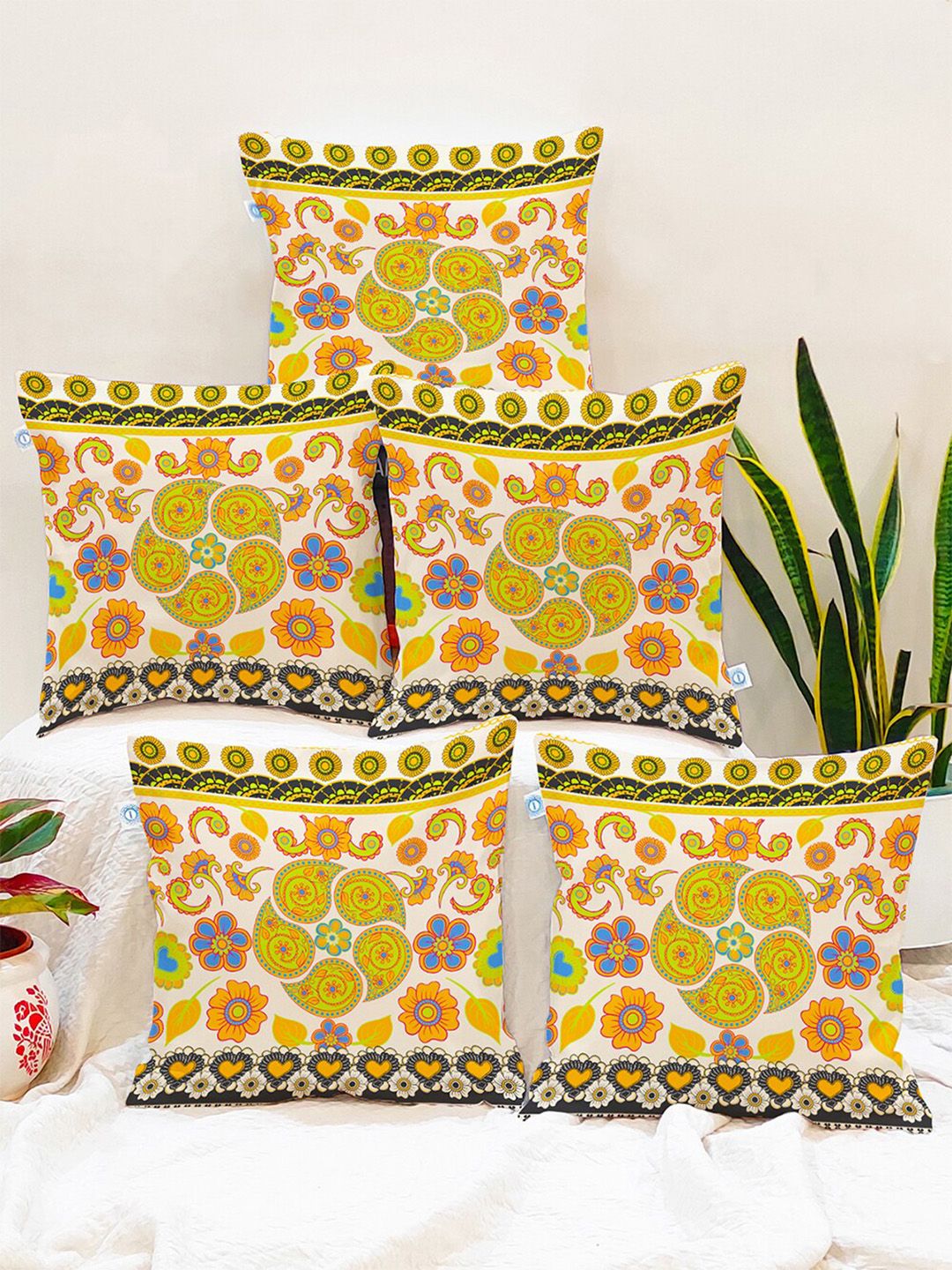 STITCHNEST Adults Multicolored Set of 5 Rangoli Design Square Cushion Covers