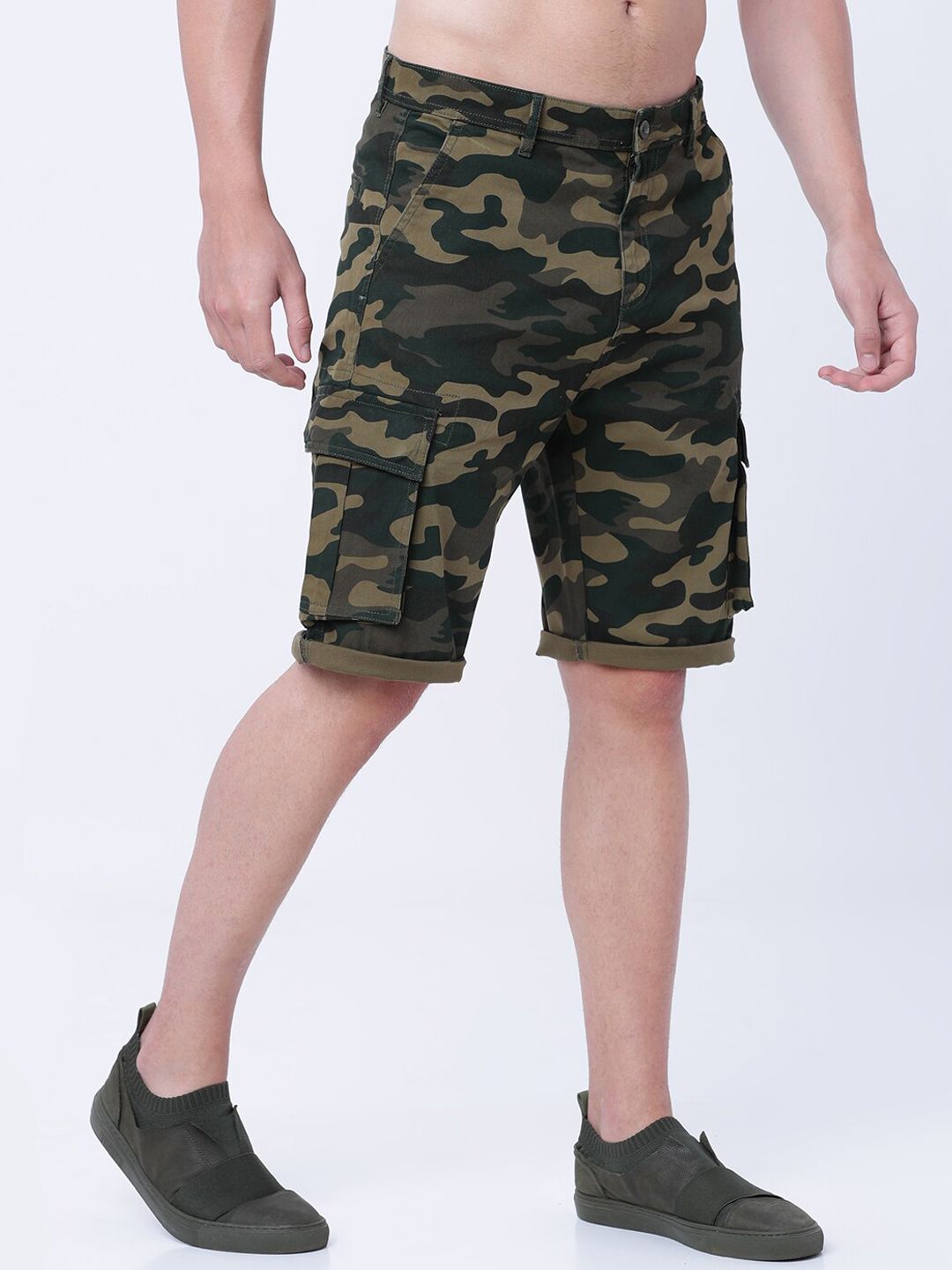 HIGHLANDER Men Olive Green Printed Slim Fit Cargo Shorts