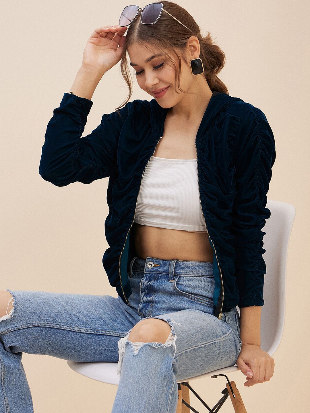 Antheaa Teal Blue Self Design Hooded Neck Long Sleeves Velvet Tailored Jacket
