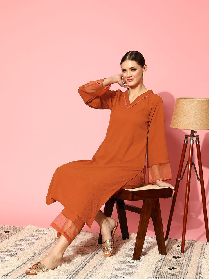 Varanga Rust Flared Sleeve Organza detailed V Neck Textured Kurta with Palazzo