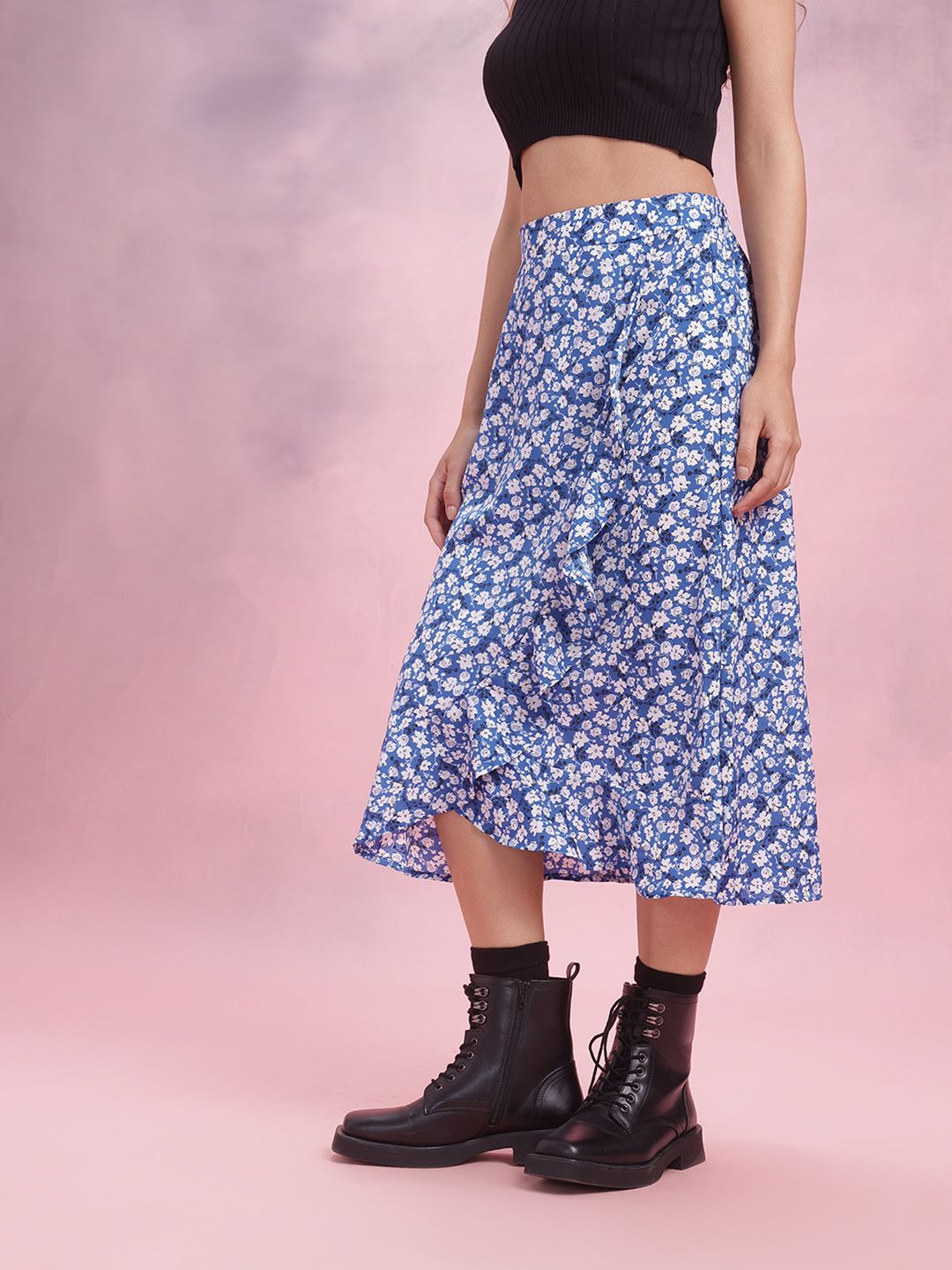 DressBerry Floral Print Ruffled Tulip Skirt
