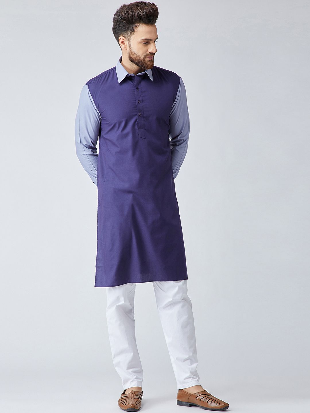 SOJANYA Men Navy Blue Colourblocked Straight Kurta