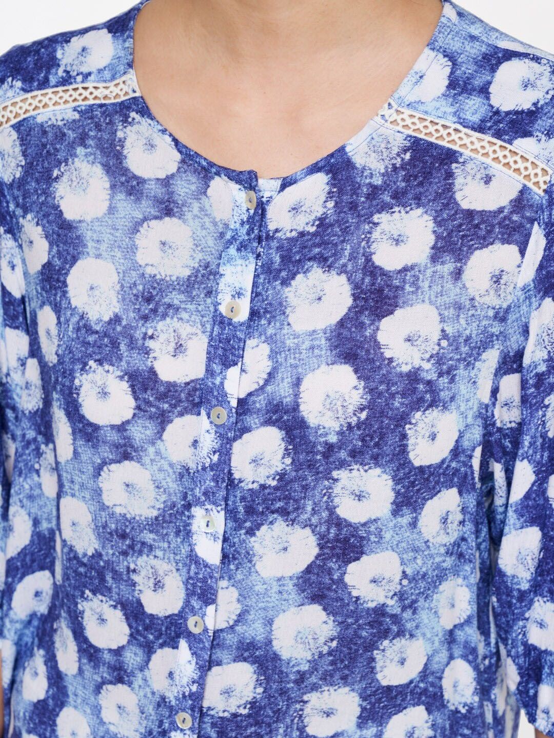 Global Desi Blue Floral Printed Three Quarter Sleeves Top