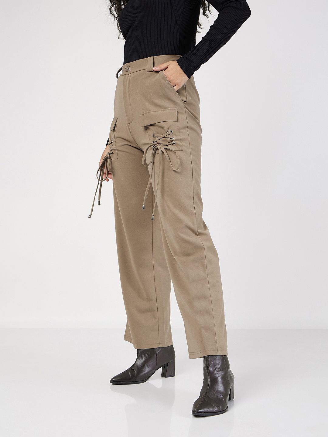 SASSAFRAS Women Plain Flat-Front High-Rise Cargos