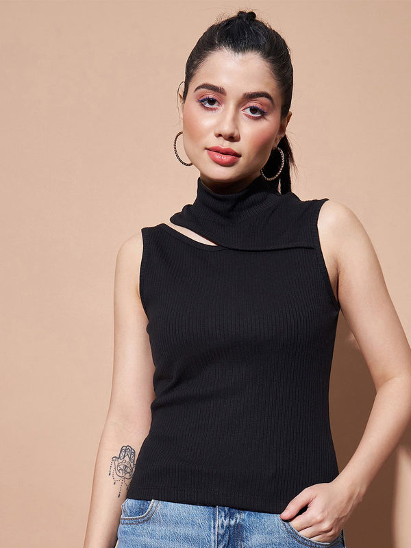 SASSAFRAS BASICS Ribbed Turtle Neck Sleeveless Cut Outs Cotton Fitted Top