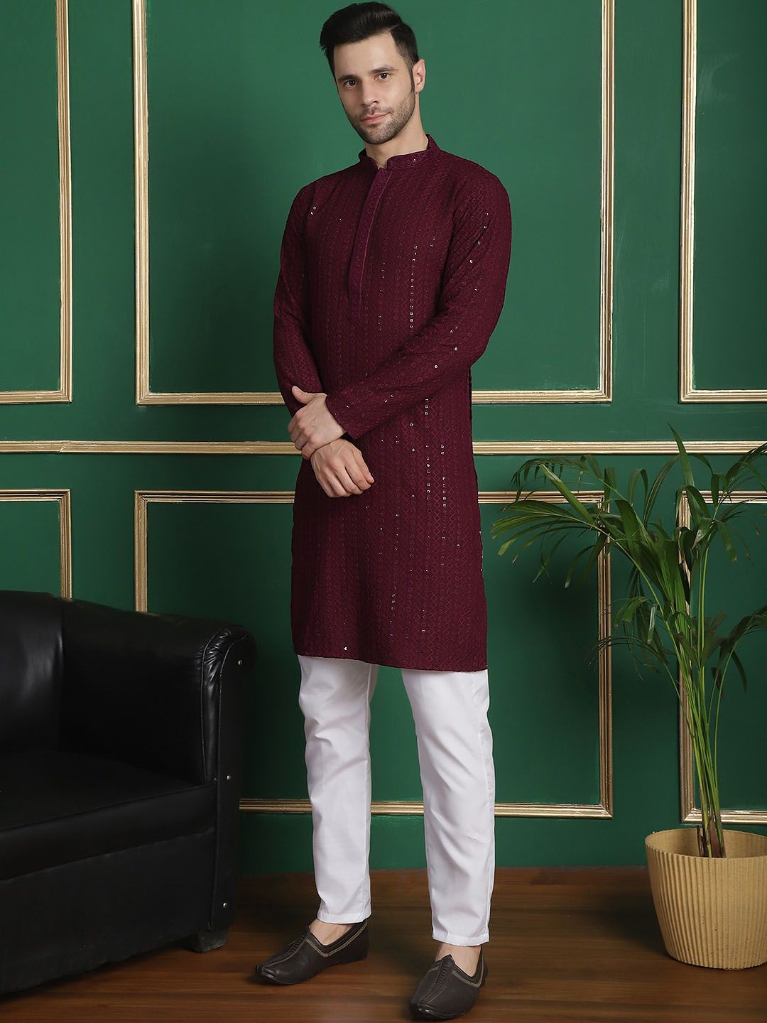 Anouk Embroidered Regular Sequinned Kurta With Pyjamas