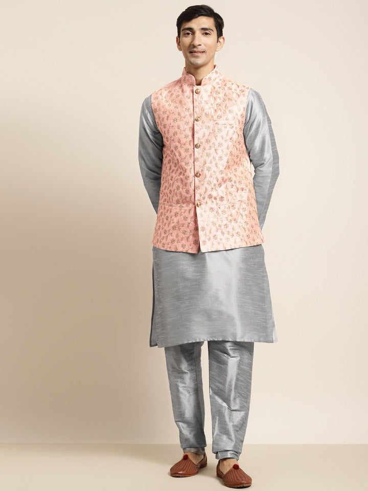 SOJANYA Men Grey & Peach-Coloured Kurta with Pyjamas & Embroidered Nehru Jacket