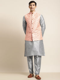 SOJANYA Men Grey & Peach-Coloured Kurta with Pyjamas & Embroidered Nehru Jacket