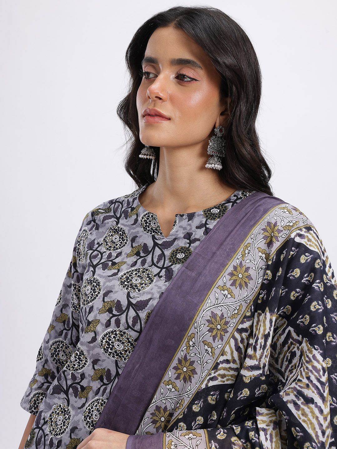 Anouk Floral Print Pure Cotton Straight Kurta with Trousers & Dupatta
