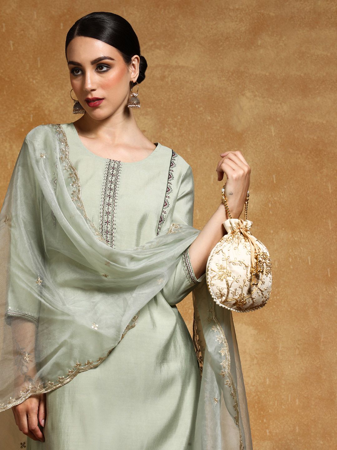 Varanga Floral Yoke Design Sequinned Straight Kurta With Trousers And Dupatta