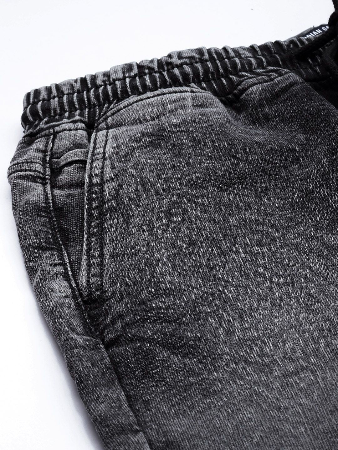 The Indian Garage Co Men Black Jean Slim Fit Heavy Fade Cuffed Hem Patch Work Jeans