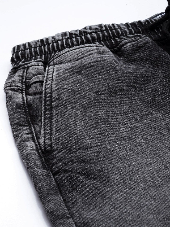 The Indian Garage Co Men Black Jean Slim Fit Heavy Fade Cuffed Hem Patch Work Jeans