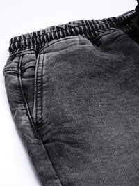 The Indian Garage Co Men Black Jean Slim Fit Heavy Fade Cuffed Hem Patch Work Jeans