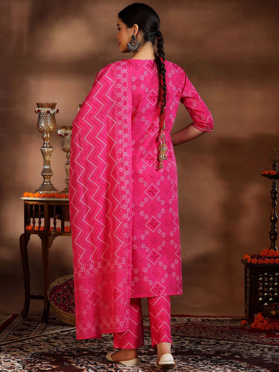 Libas Women Bandhani Dyed Round Neck Kurta with Trousers & Dupatta