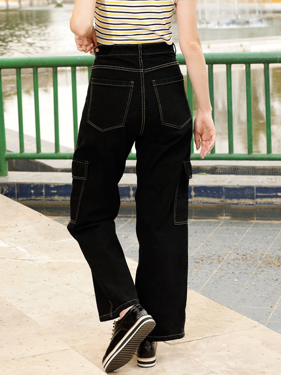 STREET 9 Women Black Relaxed Wide Leg High-Rise Pure Cotton Cargo Trousers