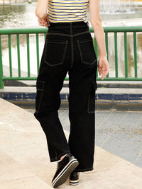 STREET 9 Women Black Relaxed Wide Leg High-Rise Pure Cotton Cargo Trousers