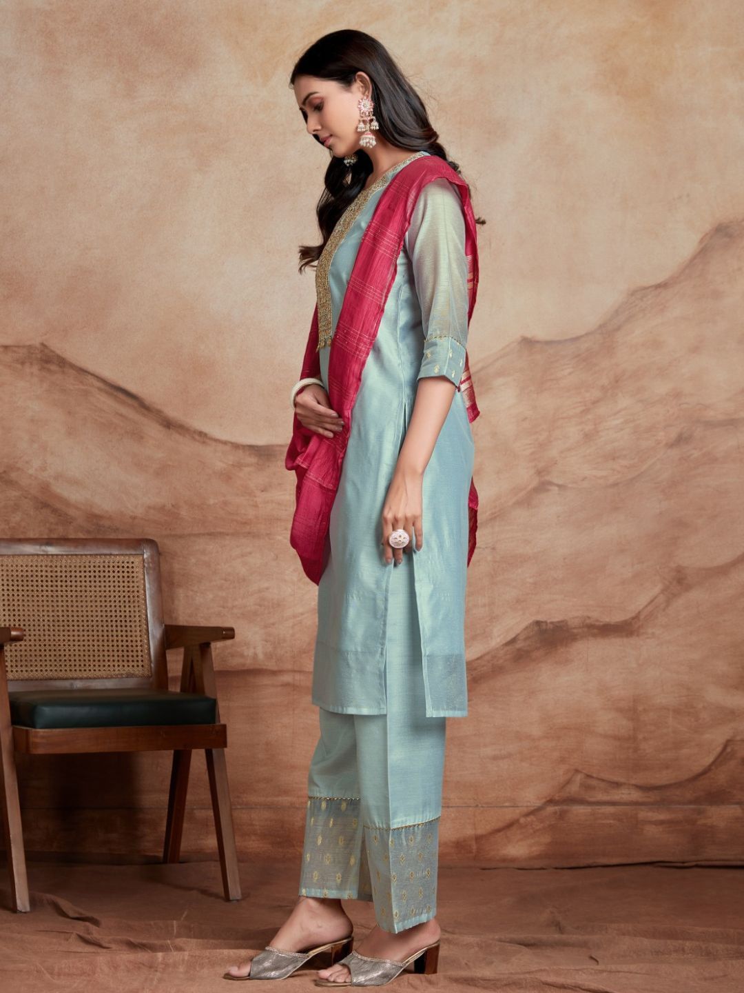 KALINI Ethnic Motifs Embroidered Round Neck Sequinned Kurta with Palazzos & Dupatta