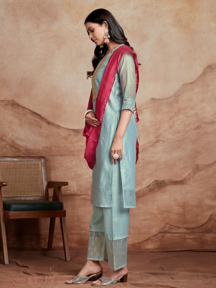 KALINI Ethnic Motifs Embroidered Round Neck Sequinned Kurta with Palazzos & Dupatta