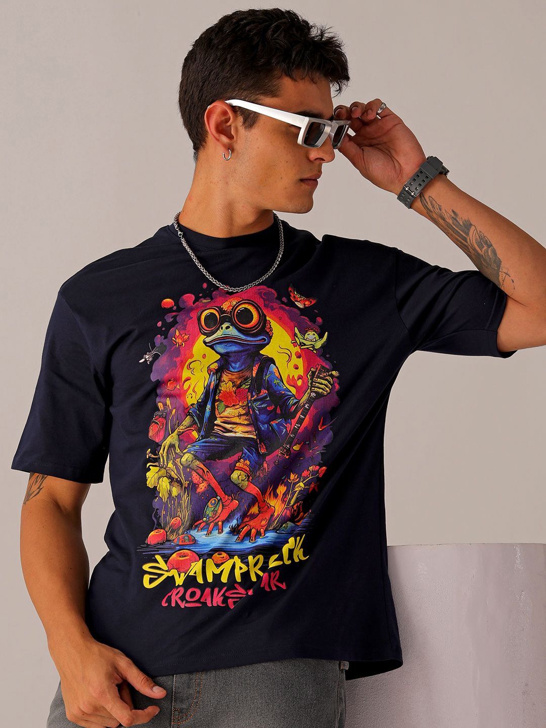 The Indian Garage Co Men Back Printed Boxy Oversized Round Neck T-shirt