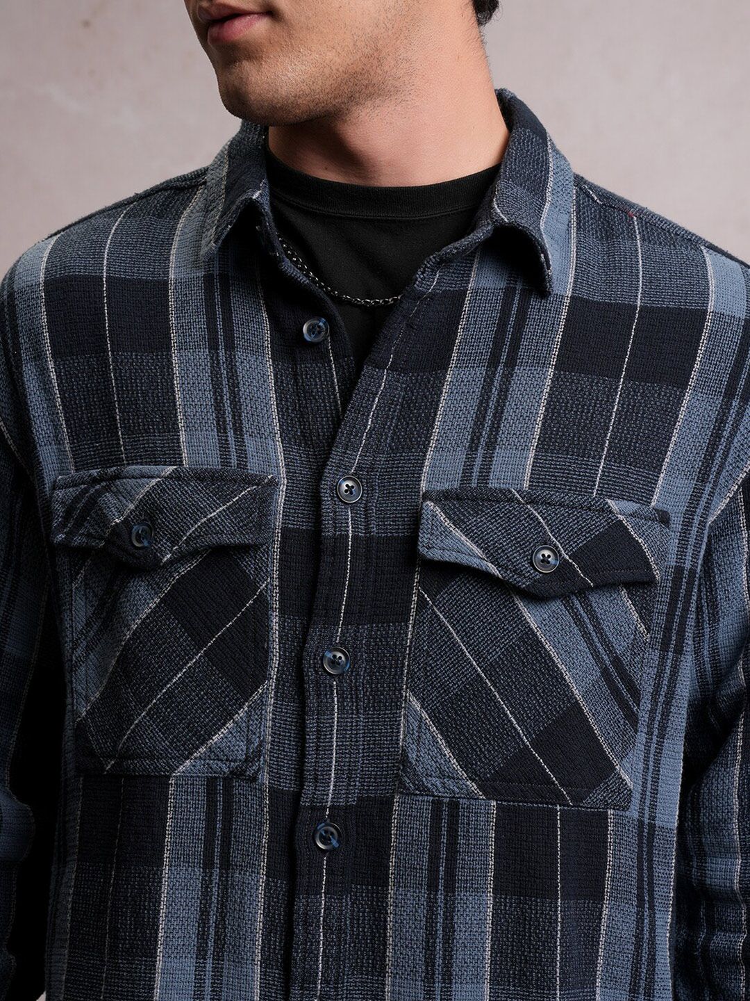 LOCOMOTIVE Mock Lino Dobby Textured Checked Utility Pocket Overshirt