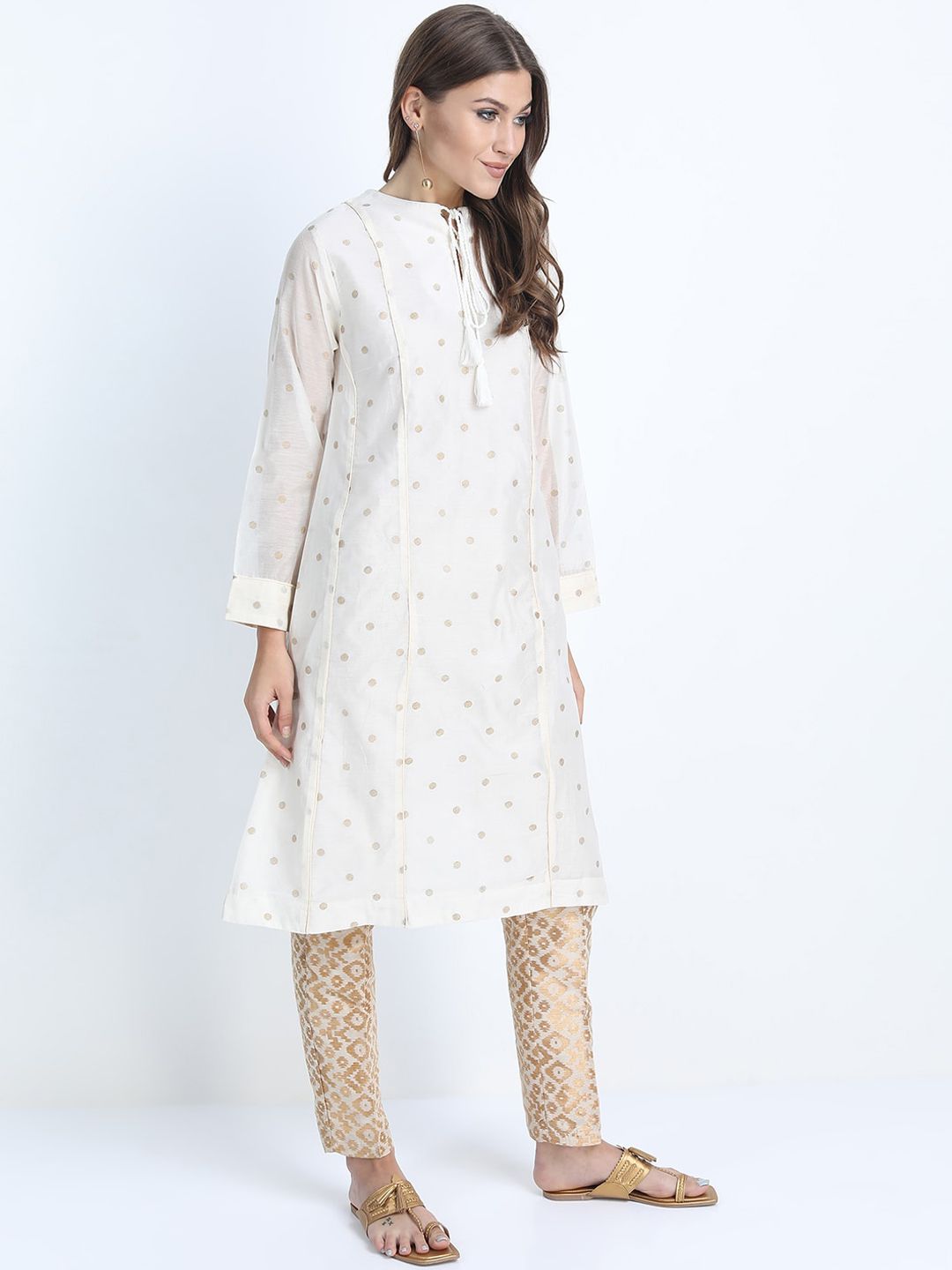 Vishudh Women Cream-Coloured Printed A-Line Kurta