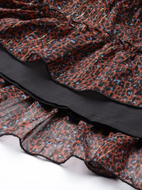 Antheaa Black & Orange Smocked Chiffon Midi Dress
