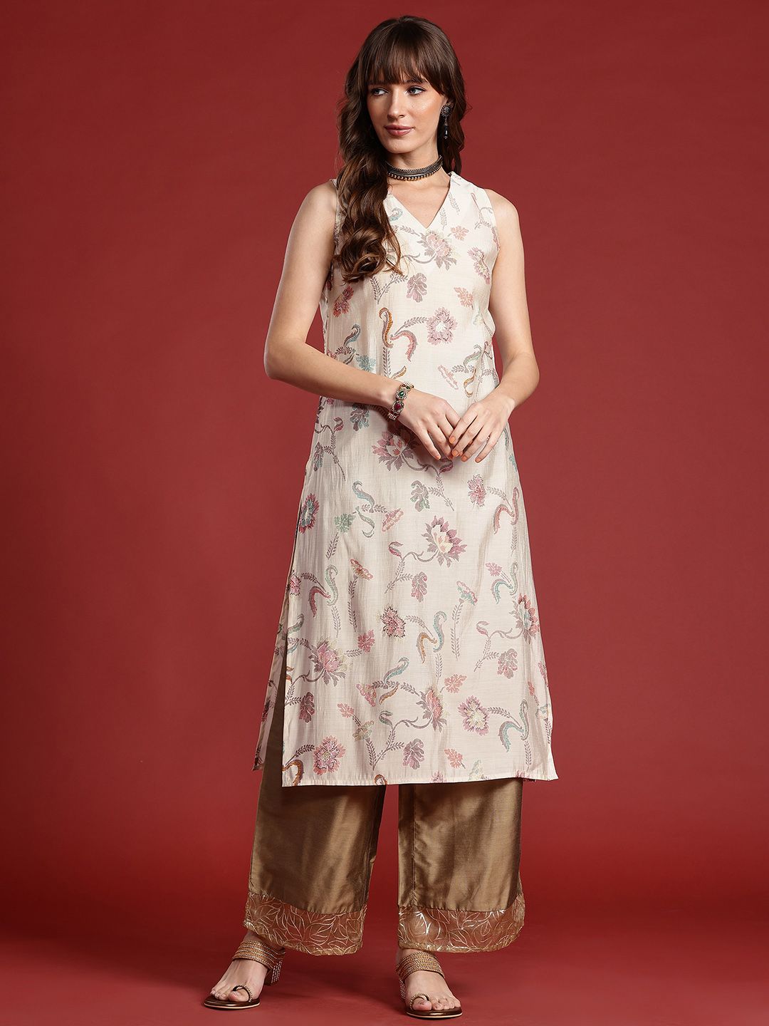 Anouk Floral Printed V-Neck Straight Kurta