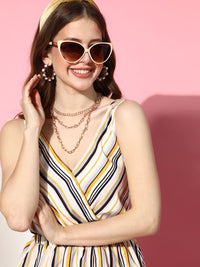 Berrylush White & Black Striped Crepe Mini Wrap Dress