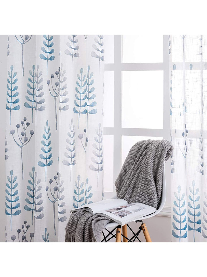 URBAN SPACE Blue & White Set of 2 Floral Sheer Door Curtain