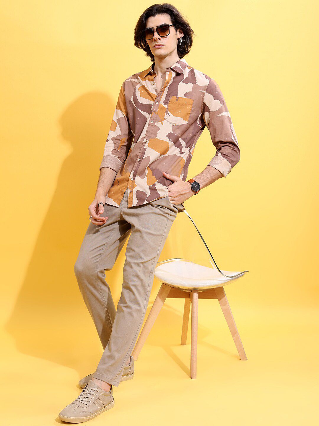 HIGHLANDER Men Camel Brown Tapered Fit Chinos Trousers