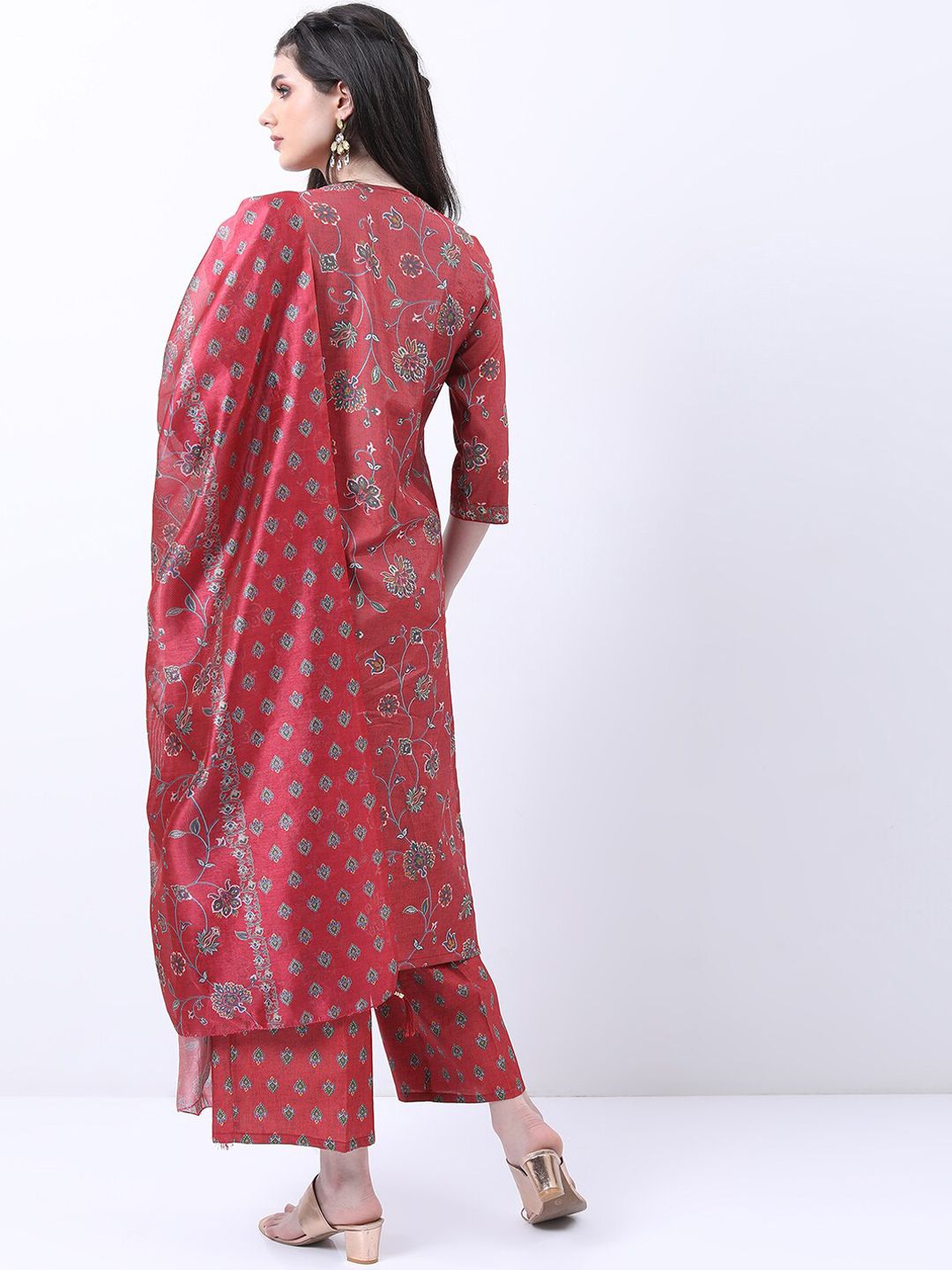 Vishudh Red & Green Floral Printed Kurta With Palazzos & Dupatta