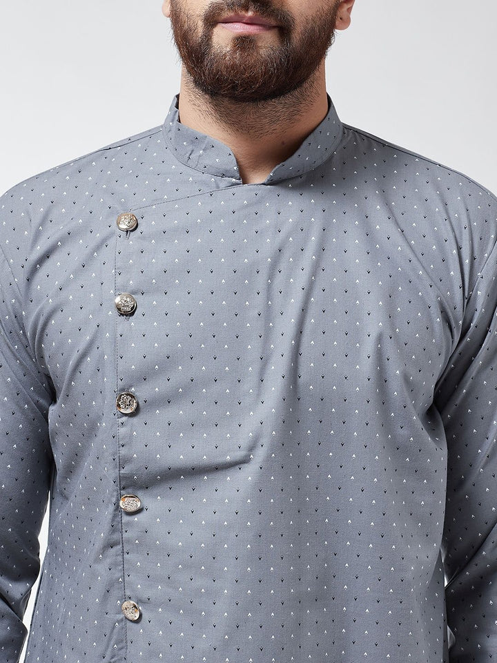 SOJANYA Men Grey Printed Cotton Linen Straight Kurta