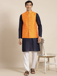 SOJANYA Men Navy Blue Ethnic Motifs Pure Cotton Kurta with Churidar & Nehru Jacket