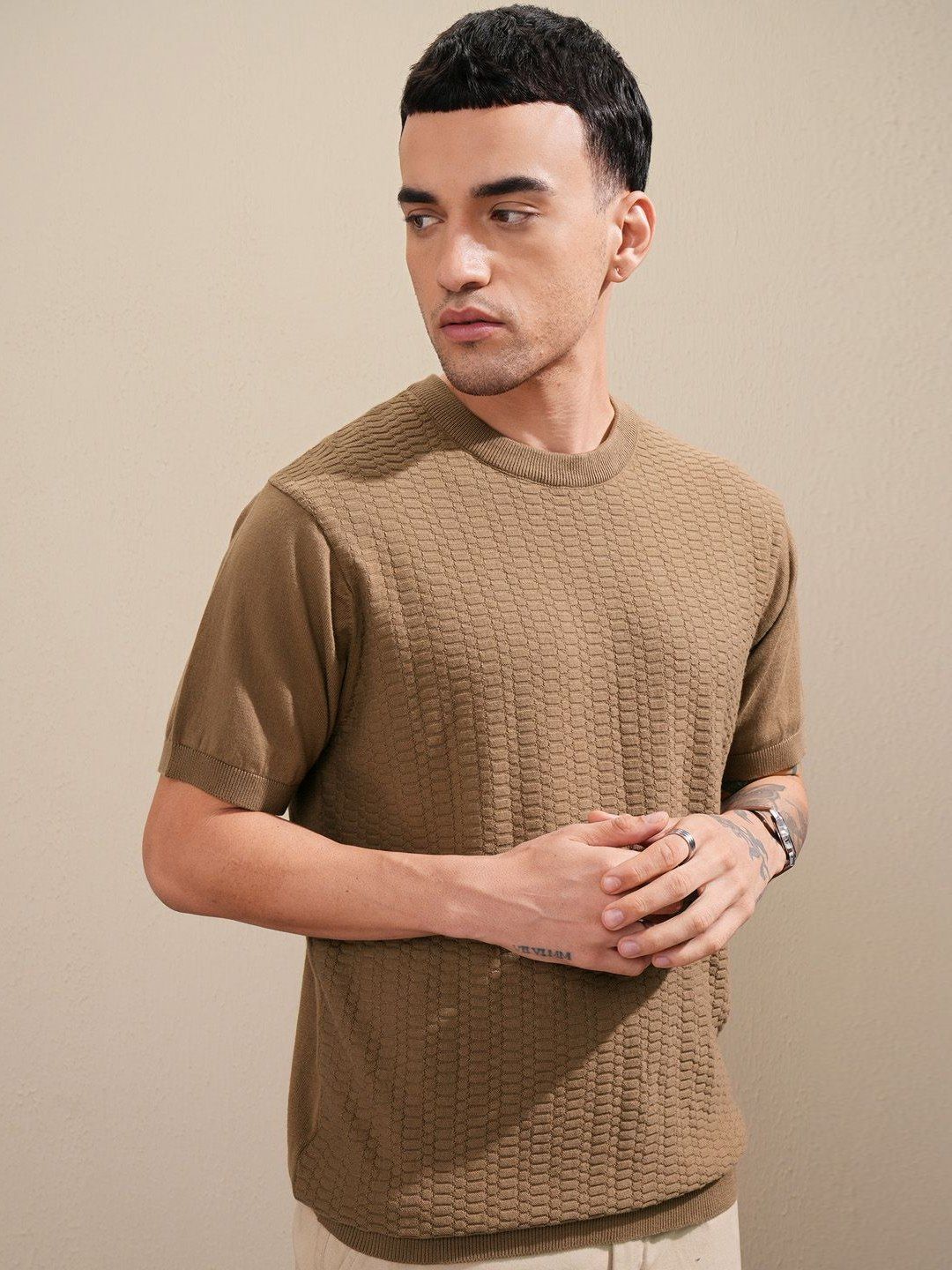 HIGHLANDER Men Knitted Self Design Relaxed Fit Tshirt