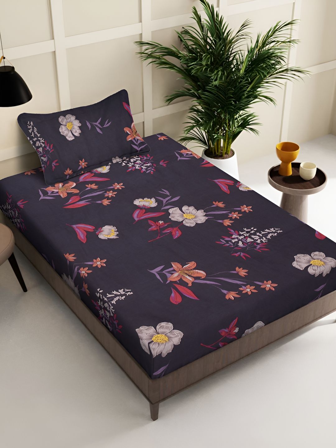 KLOTTHE Purple & Pink Floral Printed 300 TC Single Bedsheet With Pillow Cover