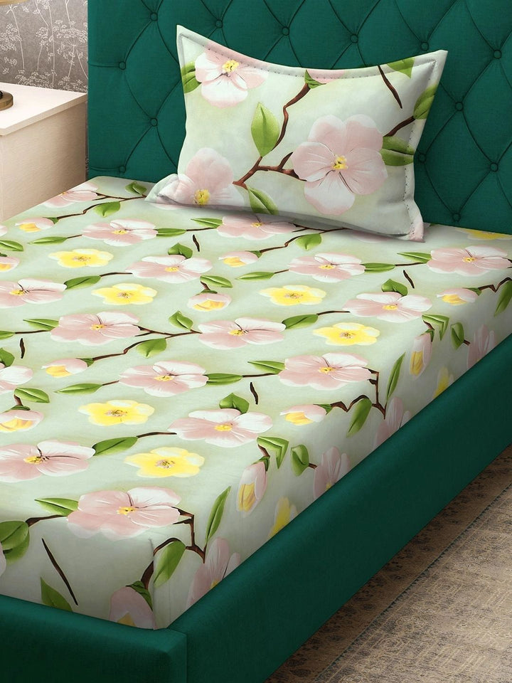 Moda Rapido X KLOTTHE Green & Pink Floral 400 TC Single Bedsheet with 1 Pillow Covers