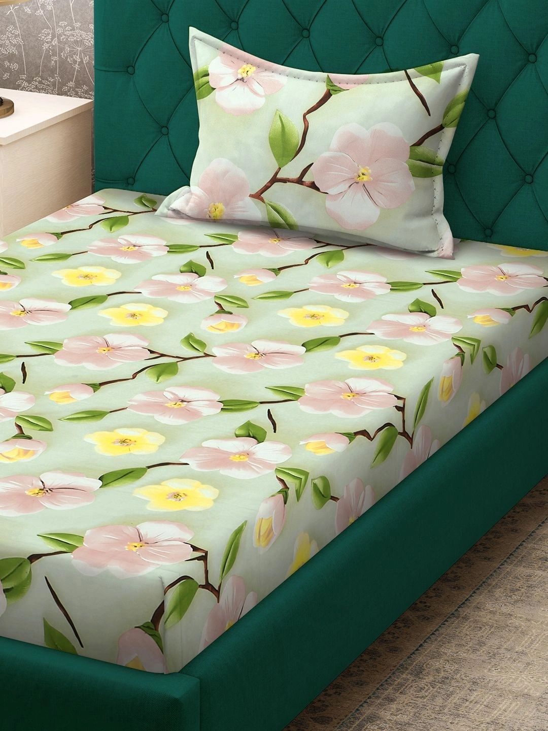 Moda Rapido X KLOTTHE Green & Pink Floral 400 TC Single Bedsheet with 1 Pillow Covers